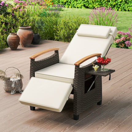 Patio Wicker Recliner Chair with Adjustable Backrest and Footrest-White