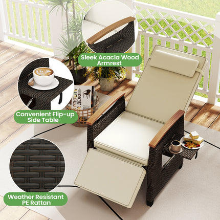 Patio Wicker Recliner Chair with Adjustable Backrest and Footrest-White