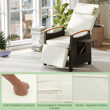 Patio Wicker Recliner Chair with Adjustable Backrest and Footrest-White