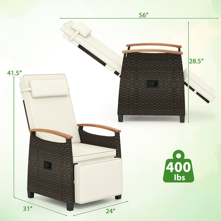 Patio Wicker Recliner Chair with Adjustable Backrest and Footrest-White