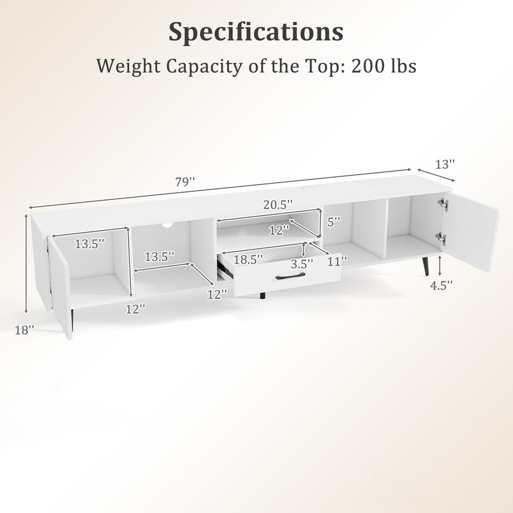 79" TV Stand for TVs up to 90 Inches Entertainment Center Wood Media Console Table Modern Mid Century TV Cabinet-White