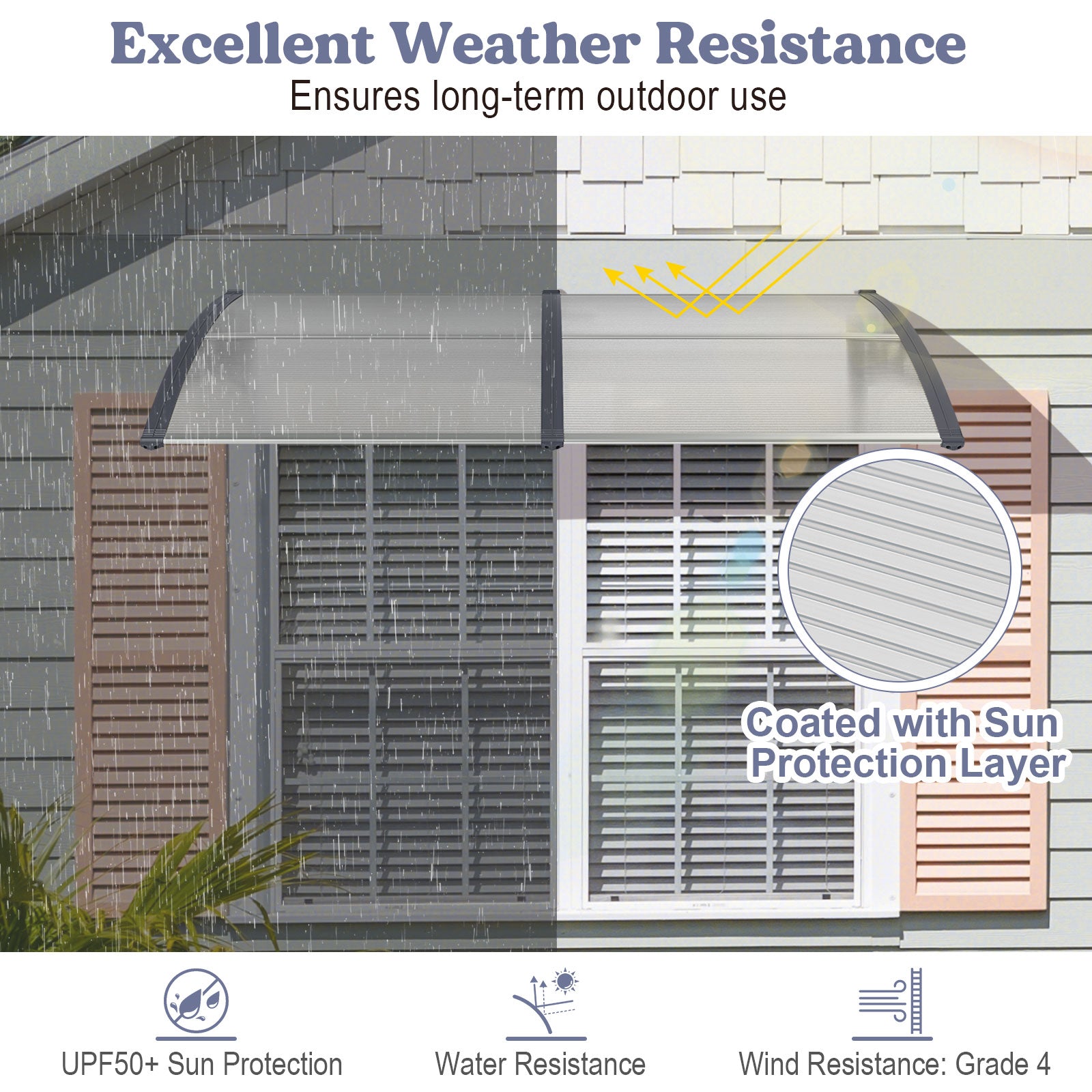 Outdoor Front Door Patio Overhang Awning for Sunlight Rain Snow Wind Protection-Gray