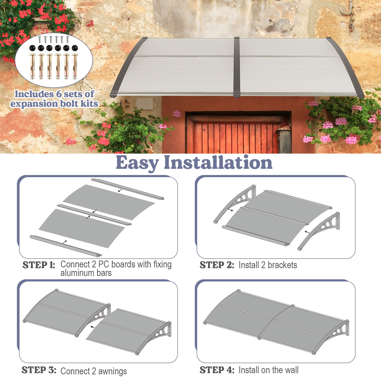 Outdoor Front Door Patio Overhang Awning for Sunlight Rain Snow Wind Protection-Gray