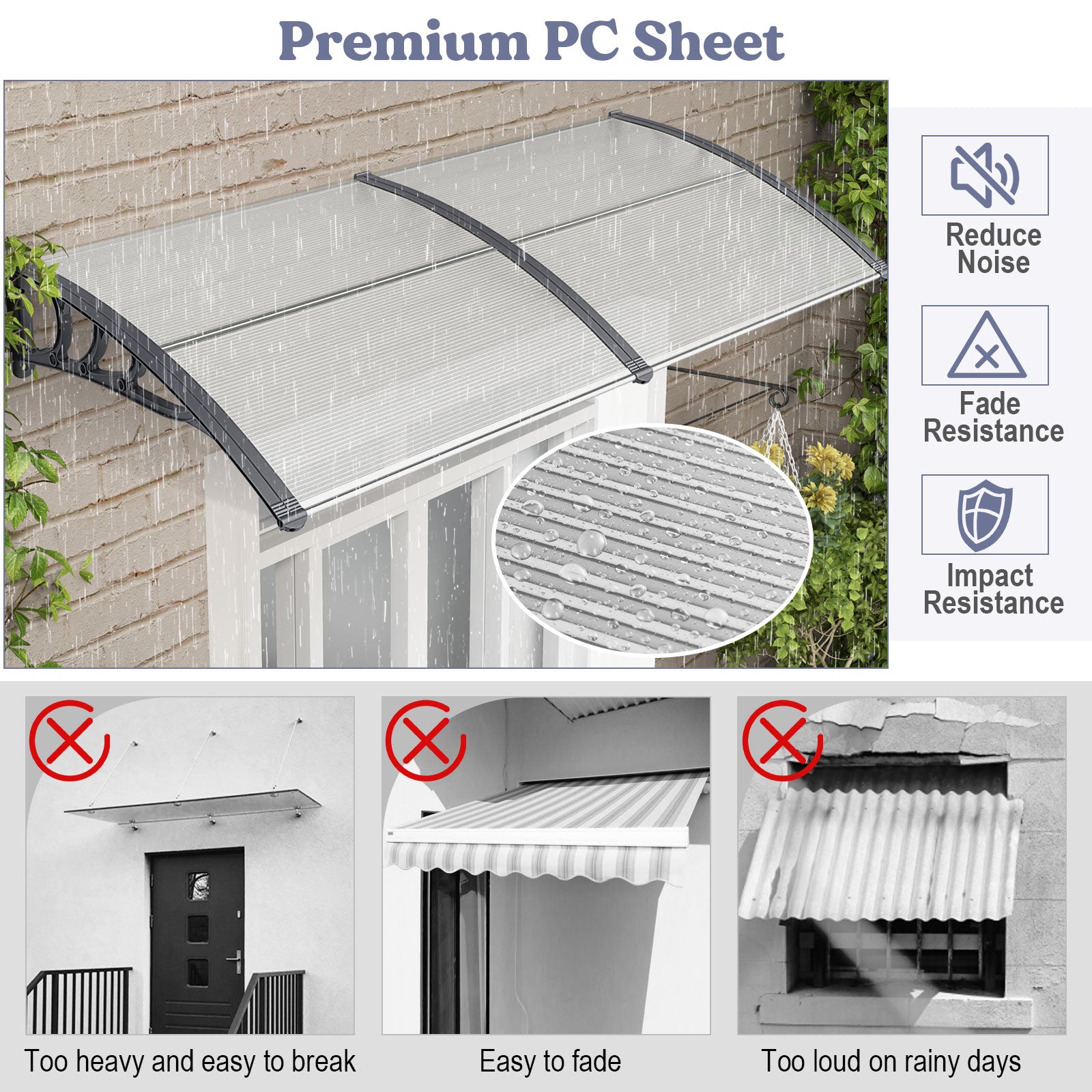 Outdoor Front Door Patio Overhang Awning for Sunlight Rain Snow Wind Protection-Gray