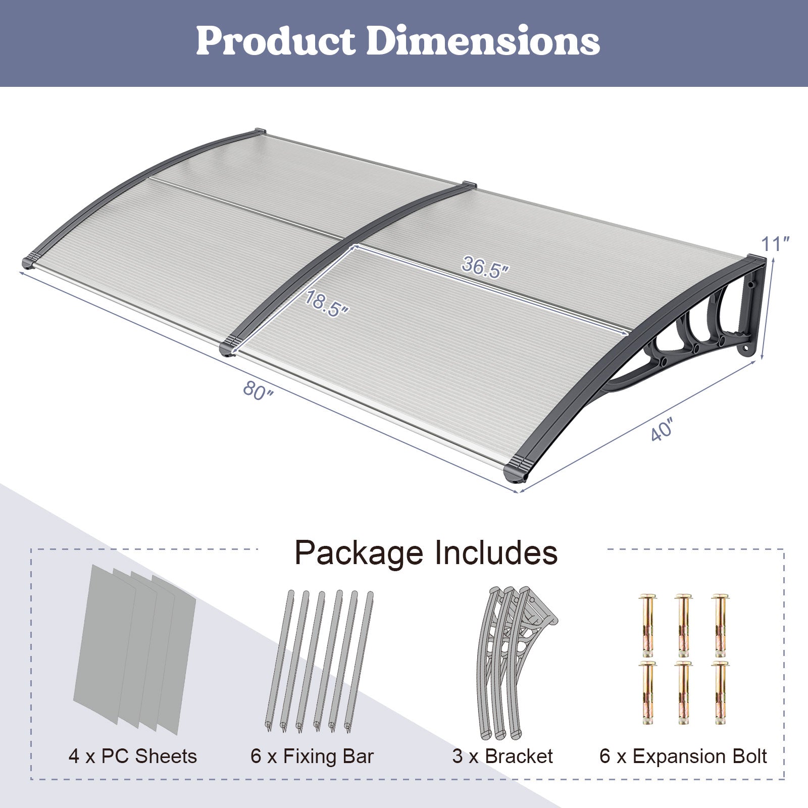 Outdoor Front Door Patio Overhang Awning for Sunlight Rain Snow Wind Protection-Gray