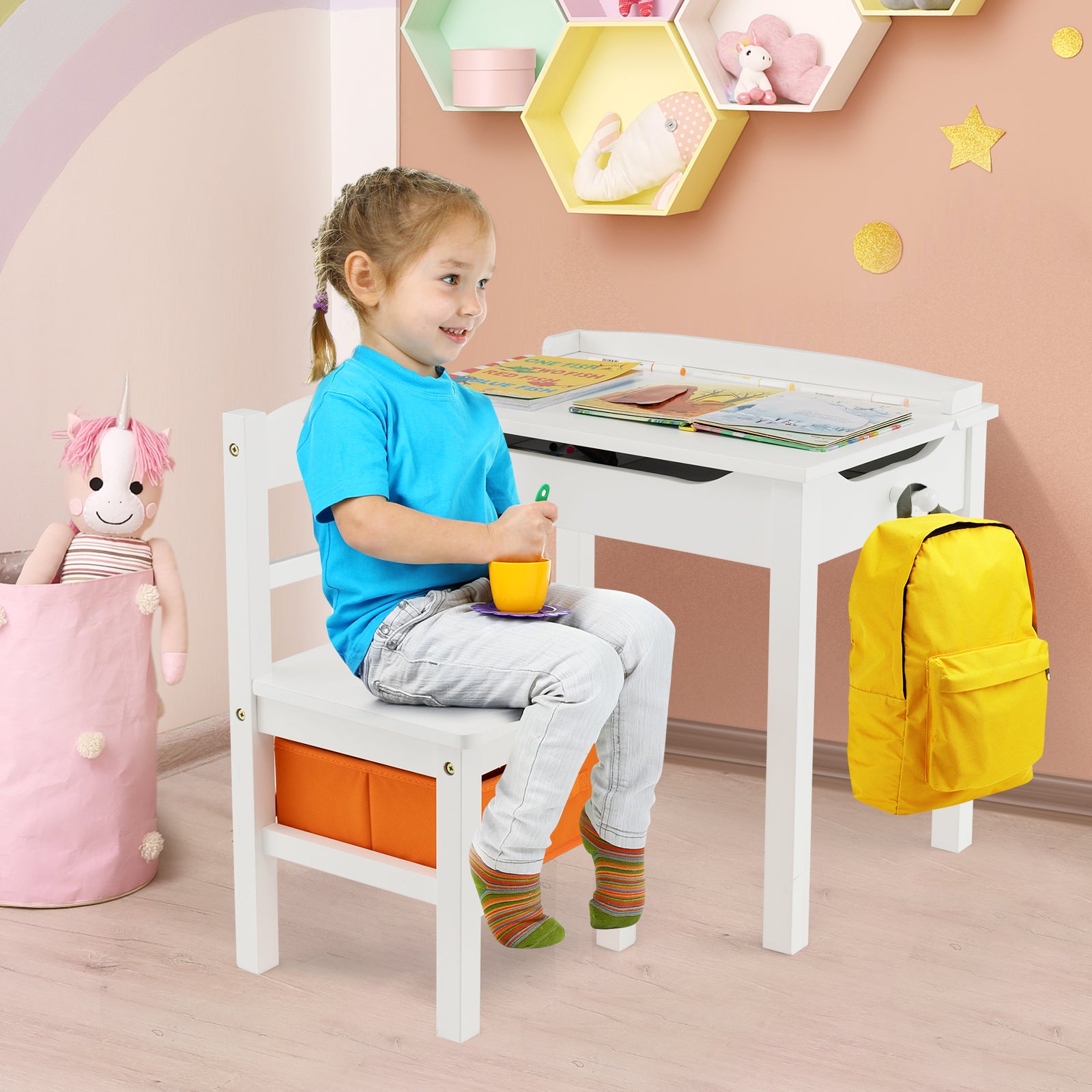 Wood Activity Kids Table and Chair Set with Storage Space-White