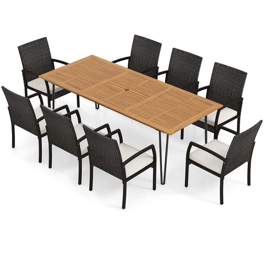9 Pieces Outdoor Patio Dining Set with Soft Cushions and Acacia Wood Square Table
