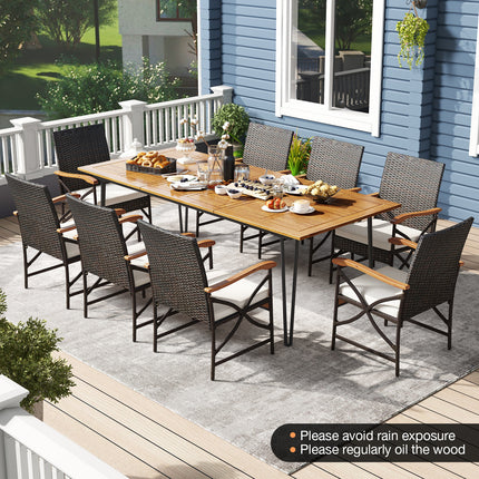 Wicker Patio Furniture Set of 8 Armchairs with Soft Cushions and Acacia Wood Square Table