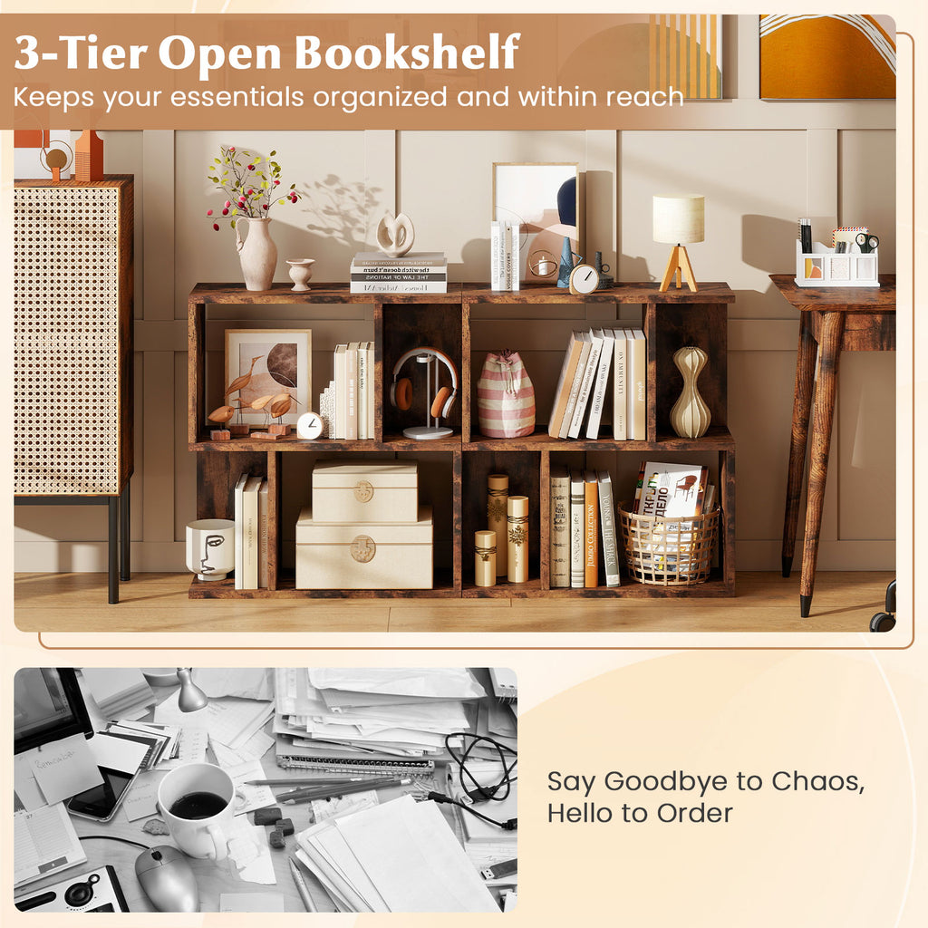 3-Tier Bookshelf with Display Shelf for Small Space-Rustic Brown