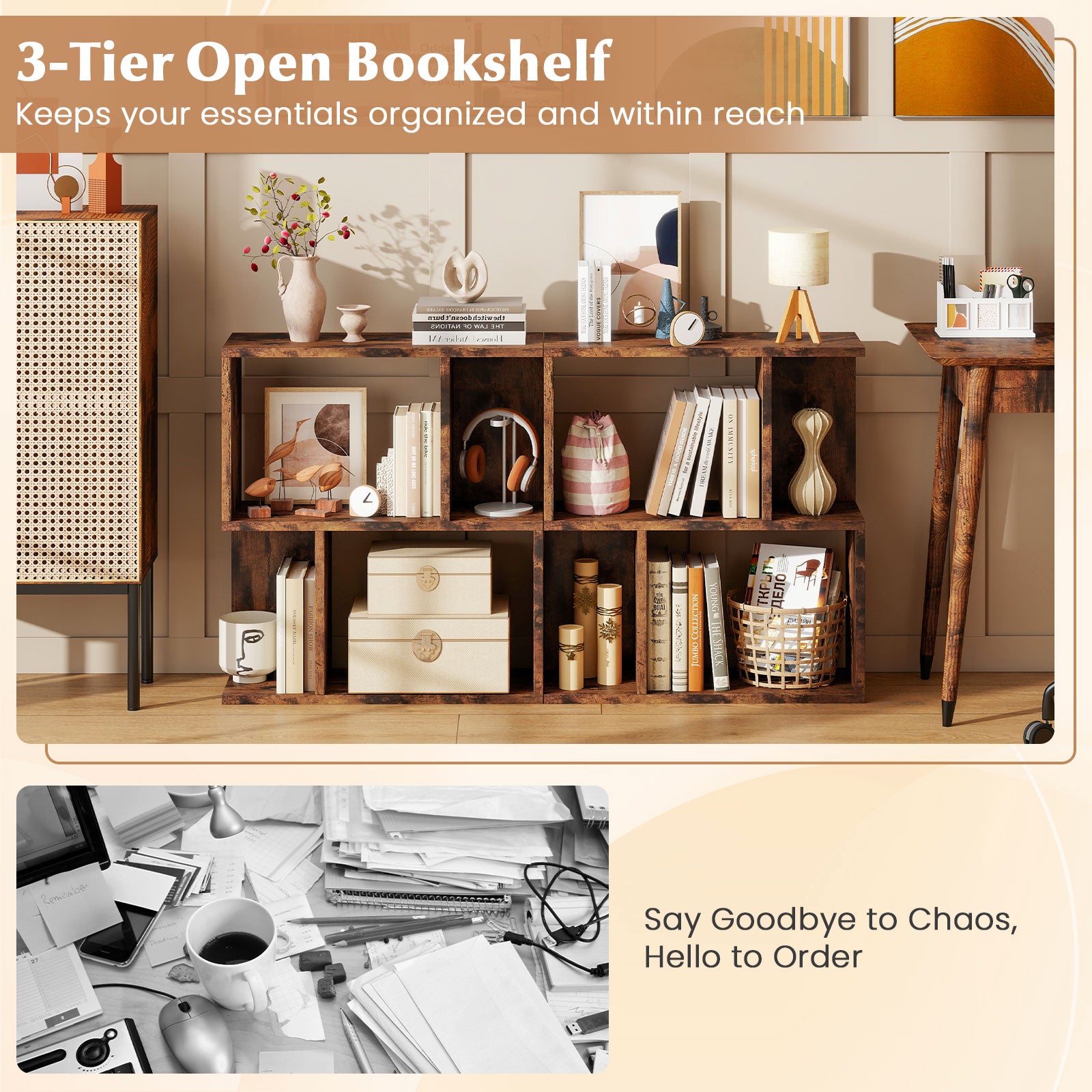 3-Tier Bookshelf with Display Shelf for Small Space-Rustic Brown