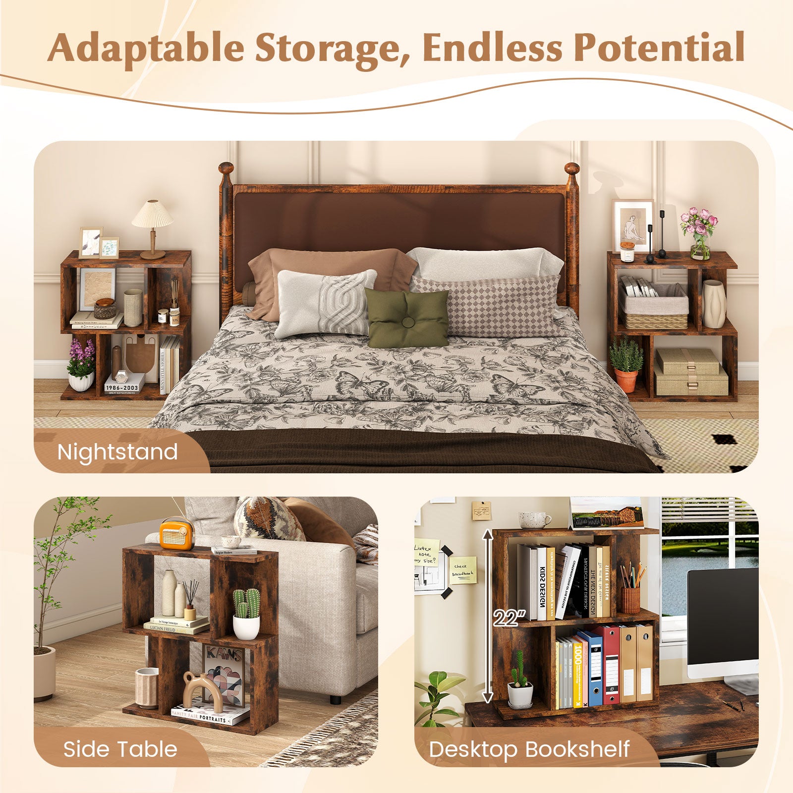 3-Tier Bookshelf with Display Shelf for Small Space-Rustic Brown