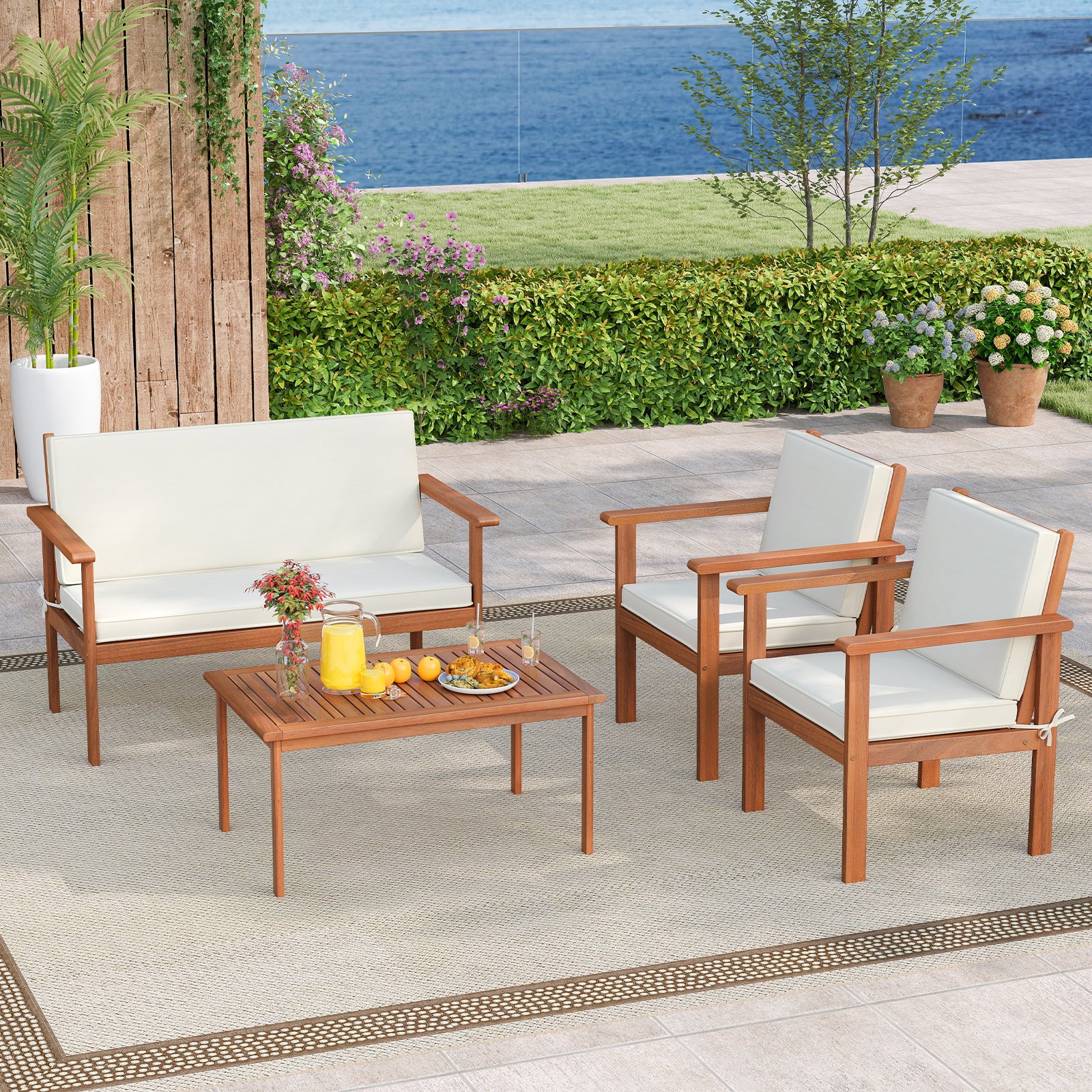 4 Pieces Patio Furniture Set Acacia Wood Porch Chairs with Table-White