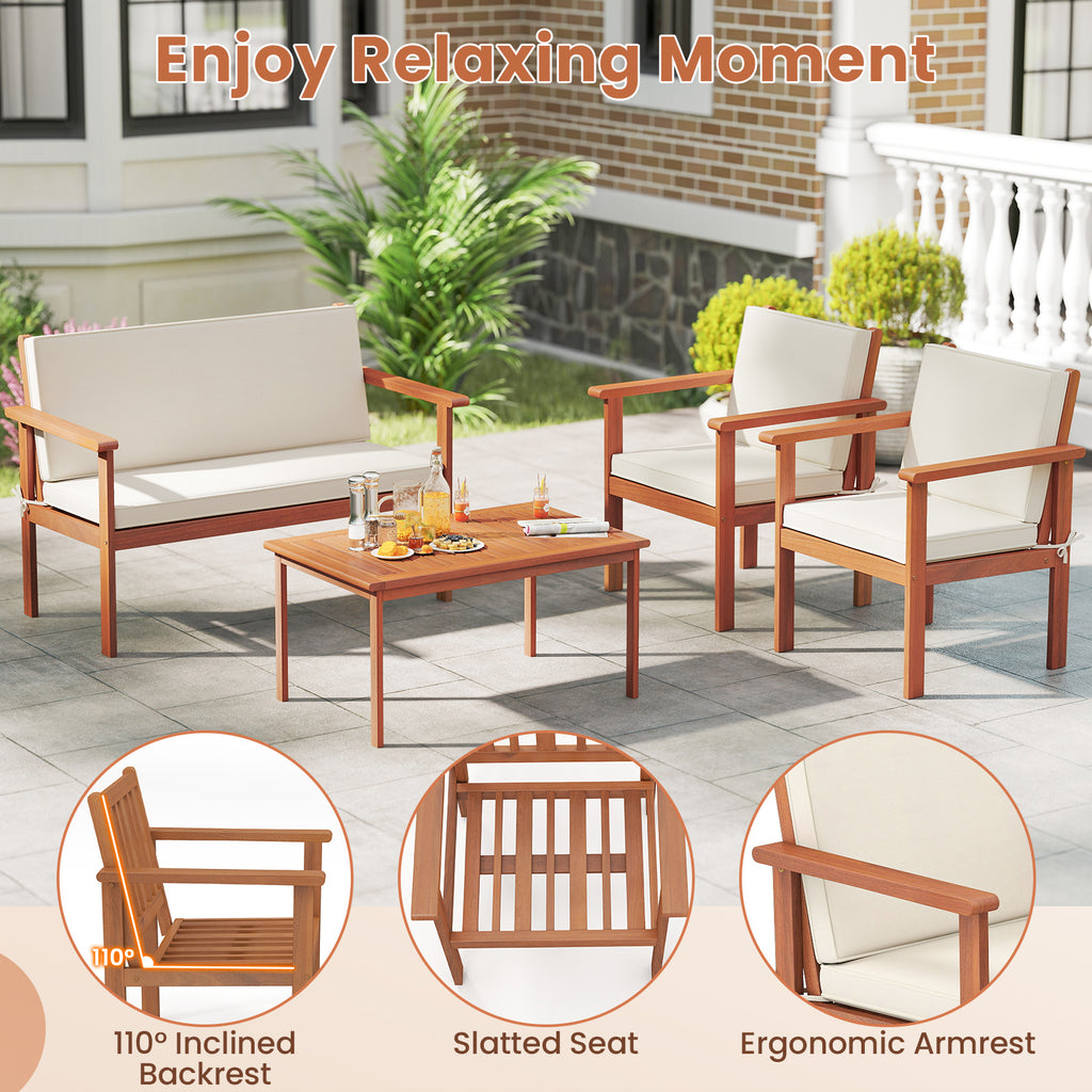 4 Pieces Patio Furniture Set Acacia Wood Porch Chairs with Table-White