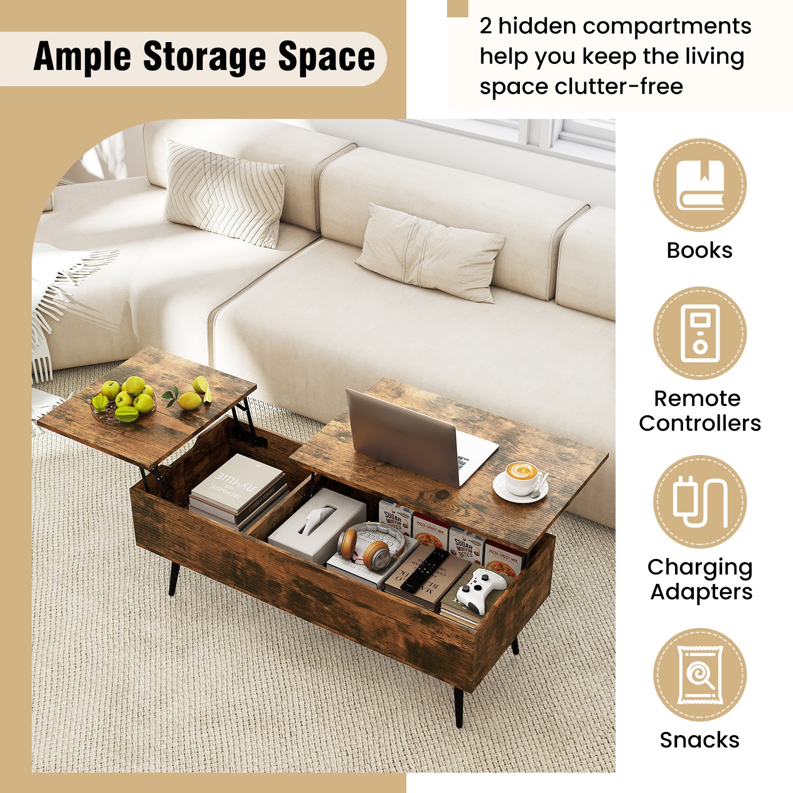 47 Inch Lift Top Coffee Table with 2 Hidden Compartments-Coffee