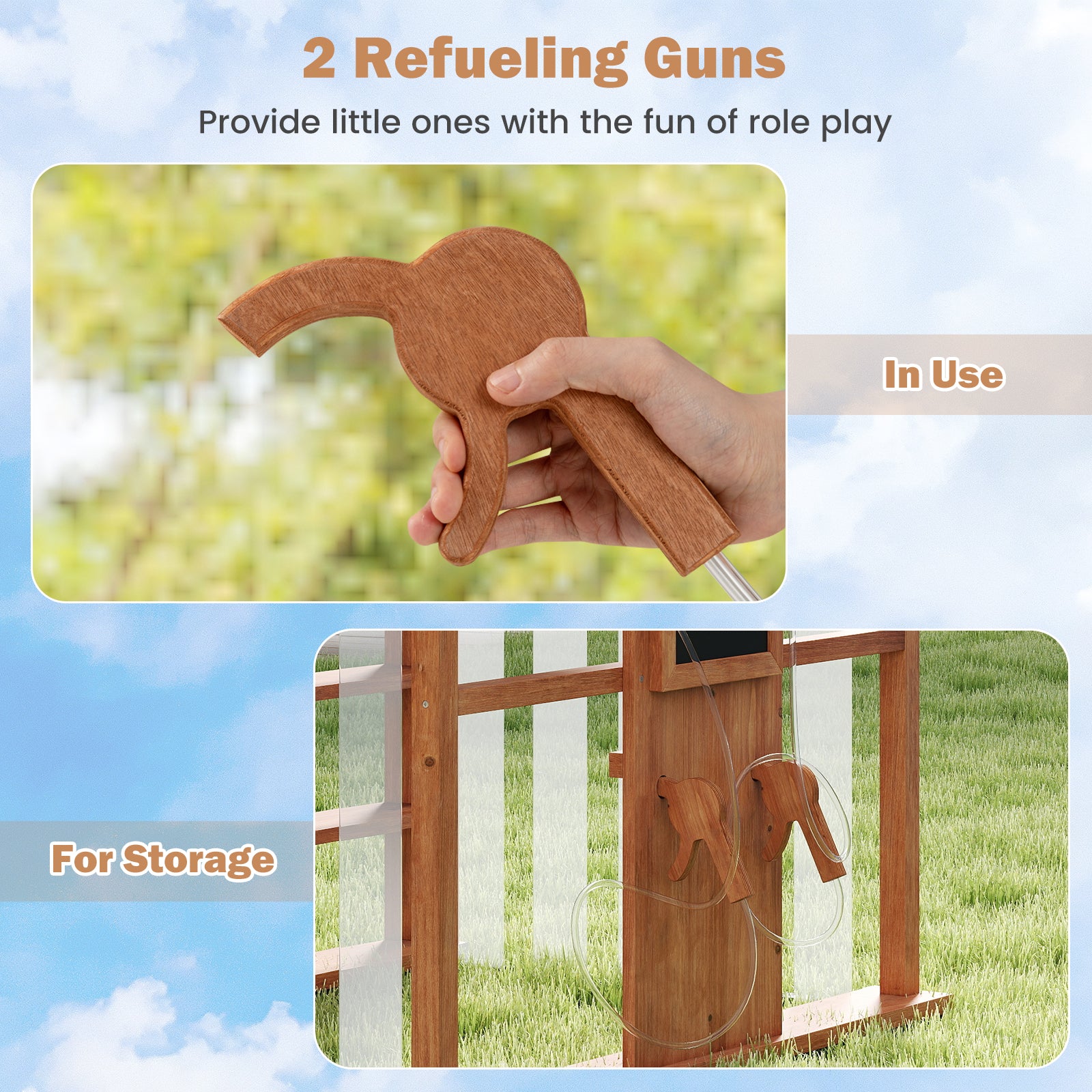 Kids Gas Station Playhouse with Gas Refueling Guns for Aged 3+-Brown