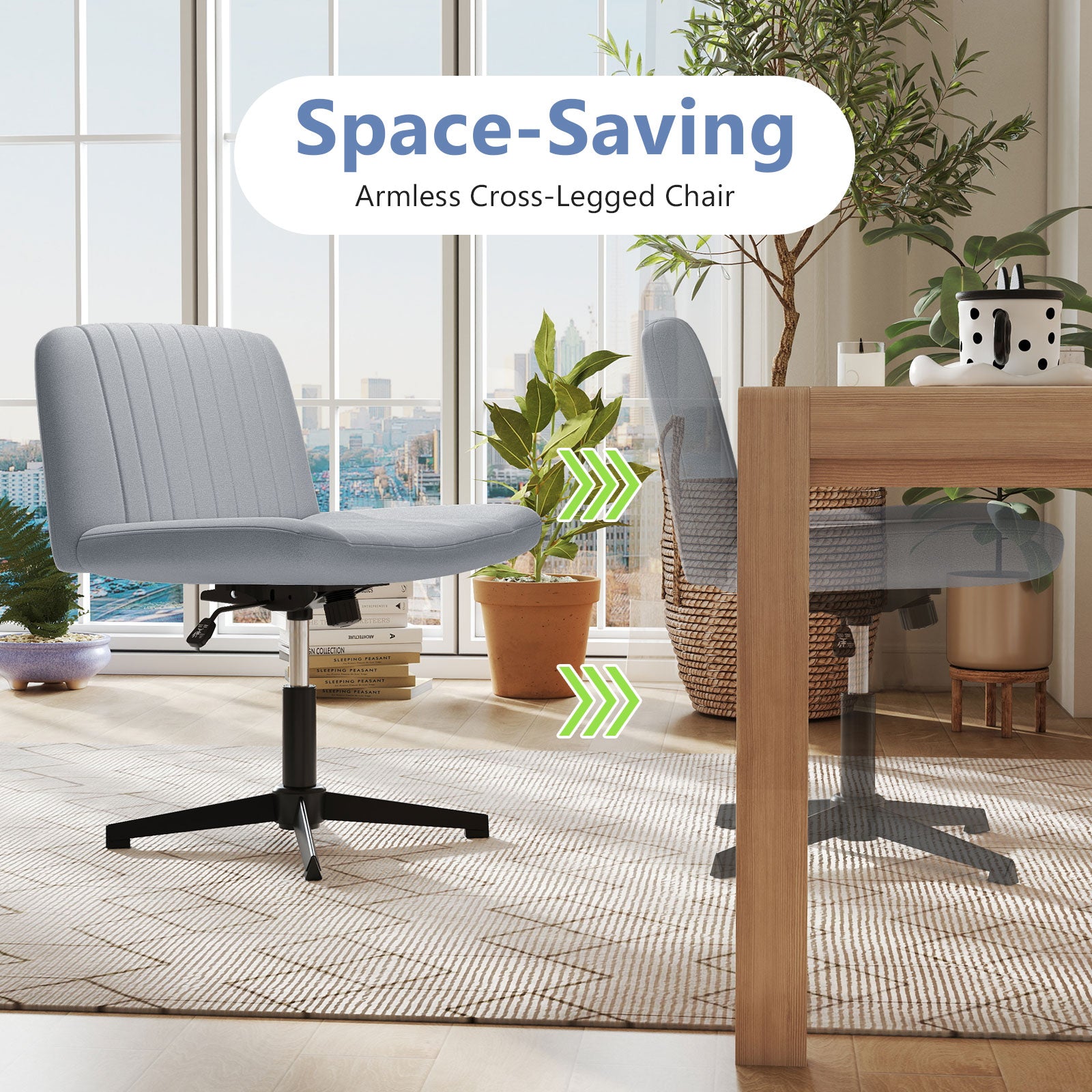 Criss Cross-Legged Swivel Desk Chair No Wheels-Gray