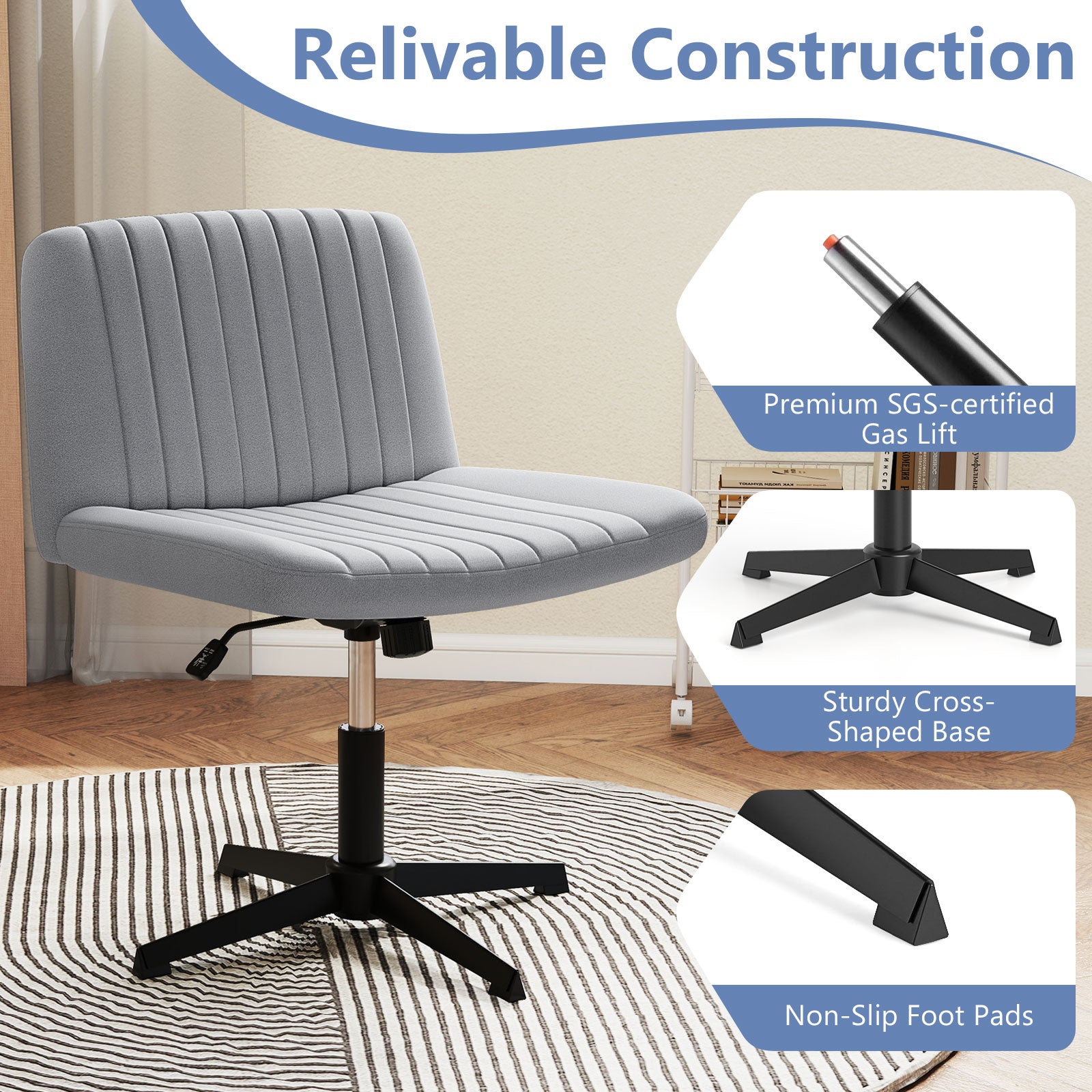 Criss Cross-Legged Swivel Desk Chair No Wheels-Gray