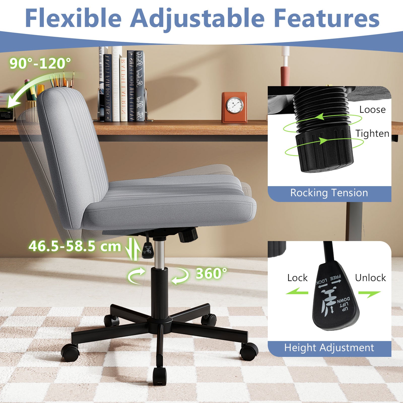 Criss Cross-Legged Swivel Desk Chair No Wheels-Gray