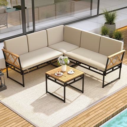 4 Pieces Patio L-Shaped Sofa Set with Cushions and Side Table-Brown