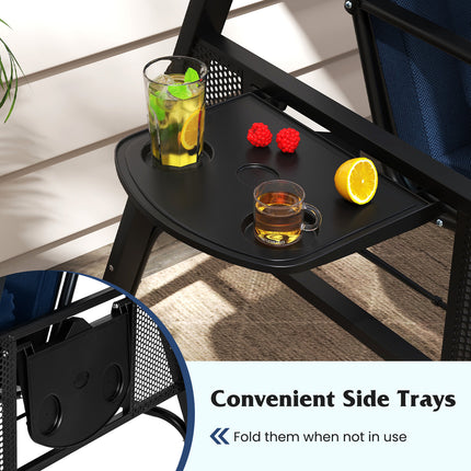 3-Seat Patio Swing Chair Porch Swing with Adjustable Canopy Thickened Cushions Pillow and Foldable Side Trays-Navy