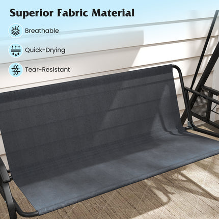 3-Seat Patio Swing Chair Porch Swing with Adjustable Canopy Thickened Cushions Pillow and Foldable Side Trays-Grey