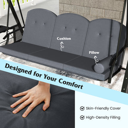 3-Seat Patio Swing Chair Porch Swing with Adjustable Canopy Thickened Cushions Pillow and Foldable Side Trays-Grey