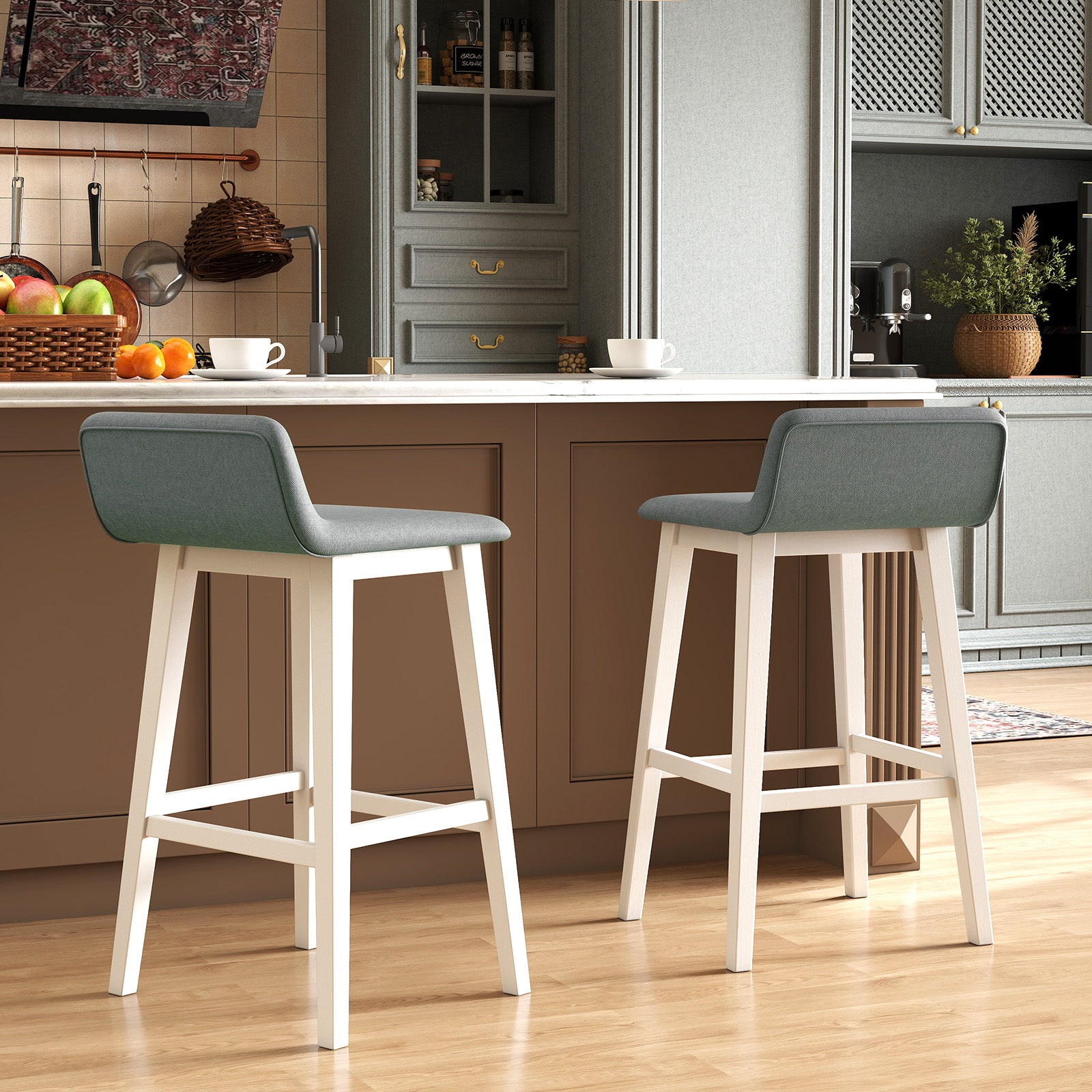 29 Inch Low-Back High-Top Chairs with Padded Seat and Rubber Wood Legs-White