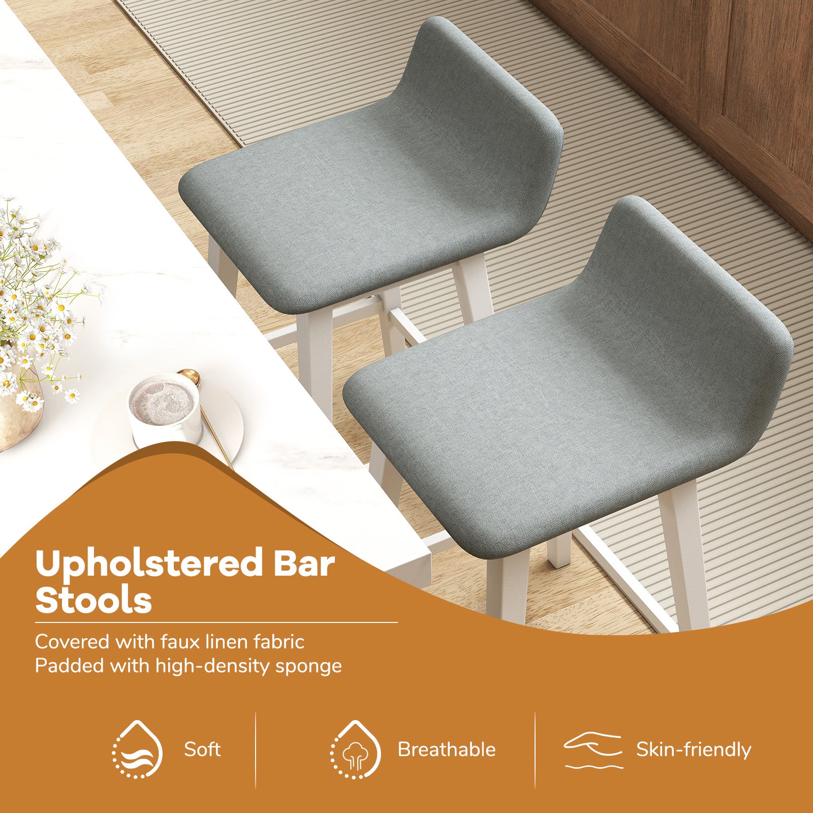 29 Inch Low-Back High-Top Chairs with Padded Seat and Rubber Wood Legs-White