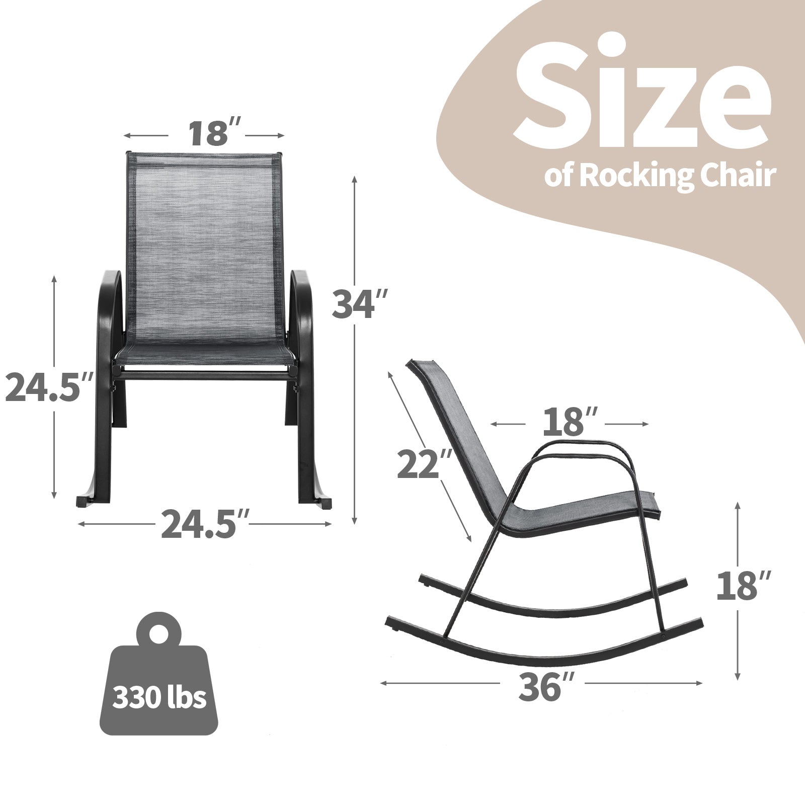 Lot de 2 chaises berçantes de patio en métal avec tissu respirant - Gris