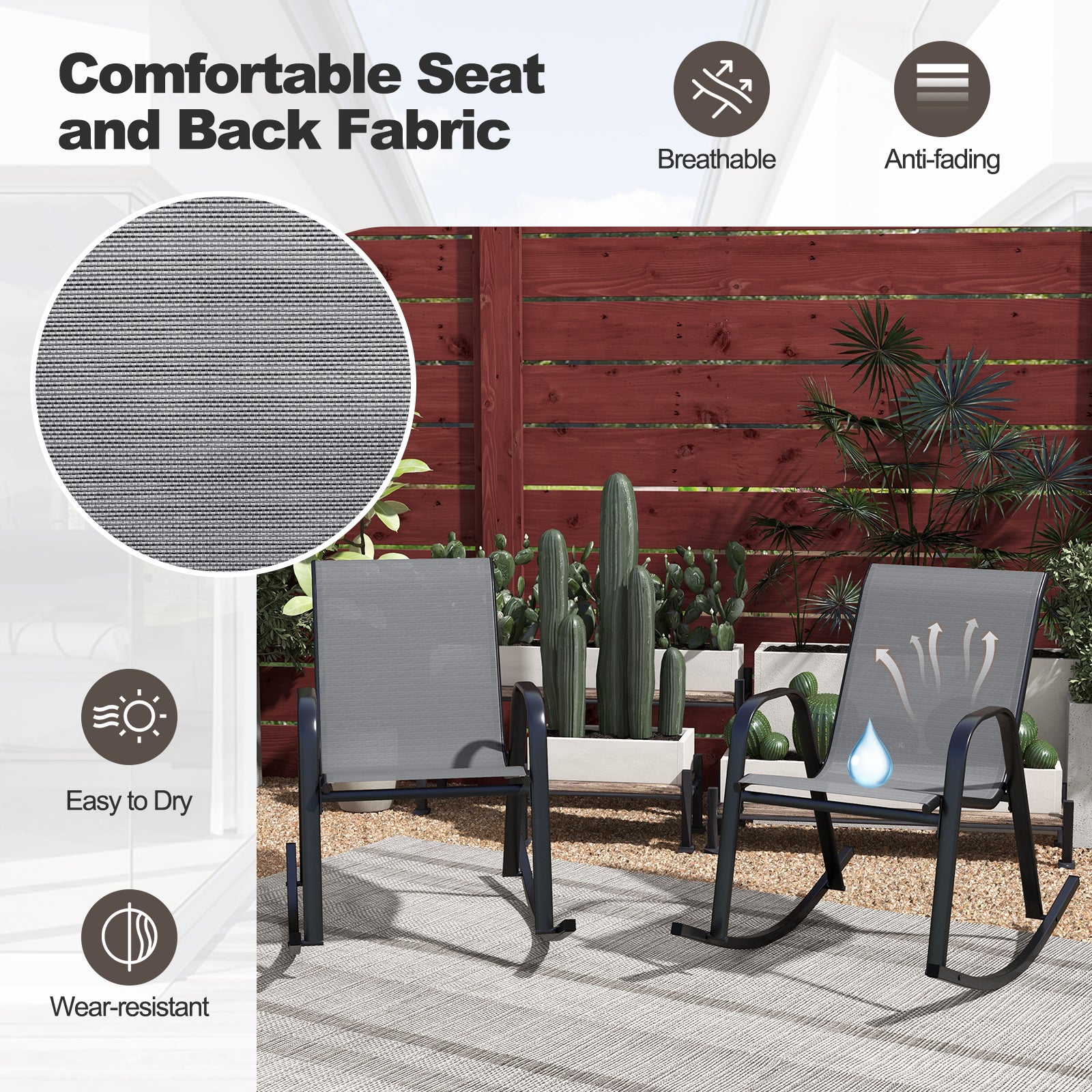 Lot de 2 chaises berçantes de patio en métal avec tissu respirant - Gris