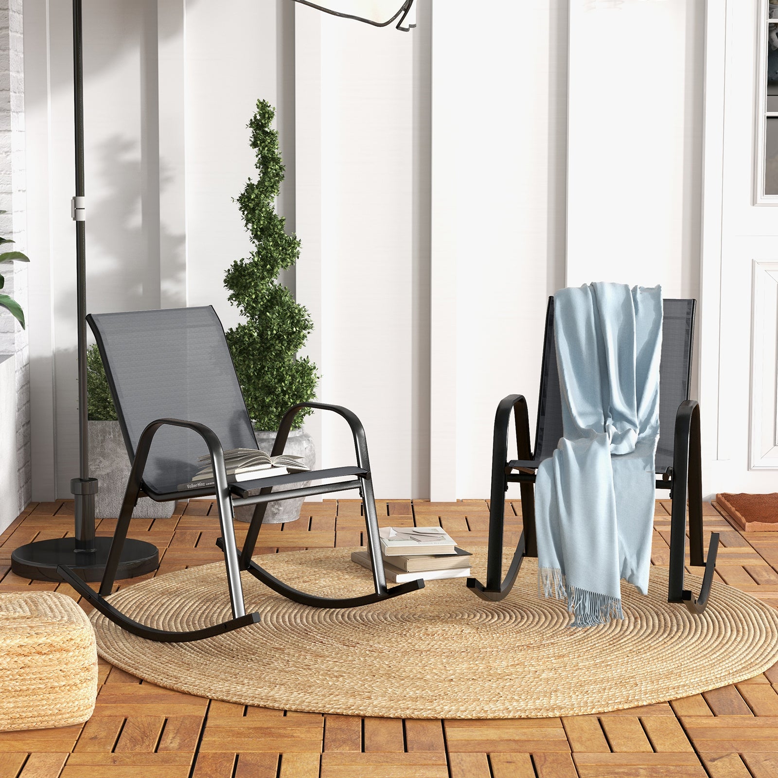 Lot de 2 chaises berçantes de patio en métal avec tissu respirant - Gris