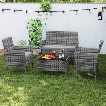 4 Pieces Patio Rattan Conversation Set with Tempered Glass Coffee Table-Gray
