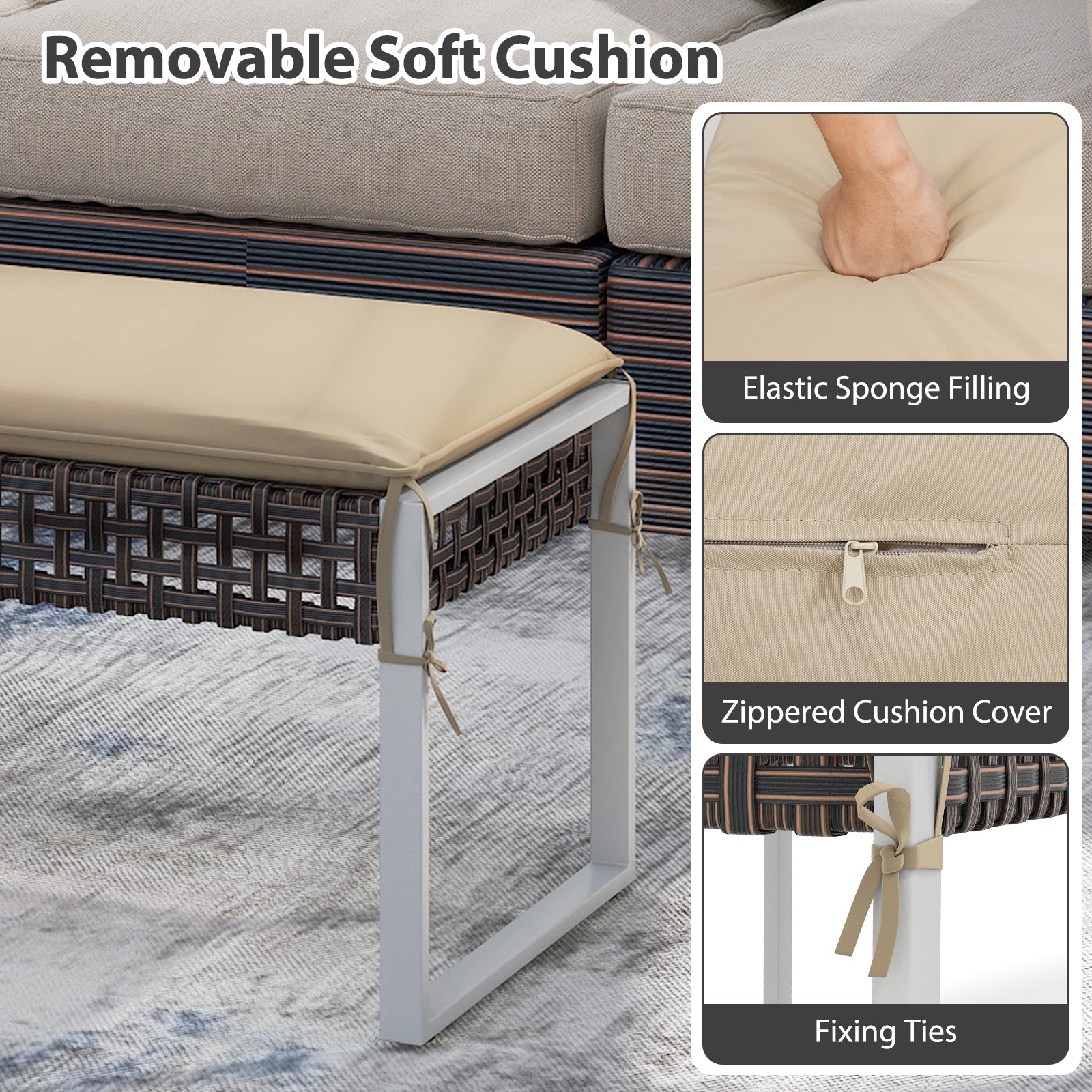 43 Inch Patio Rectangle Ottoman with Metal Legs and Seat Cushion-Beige