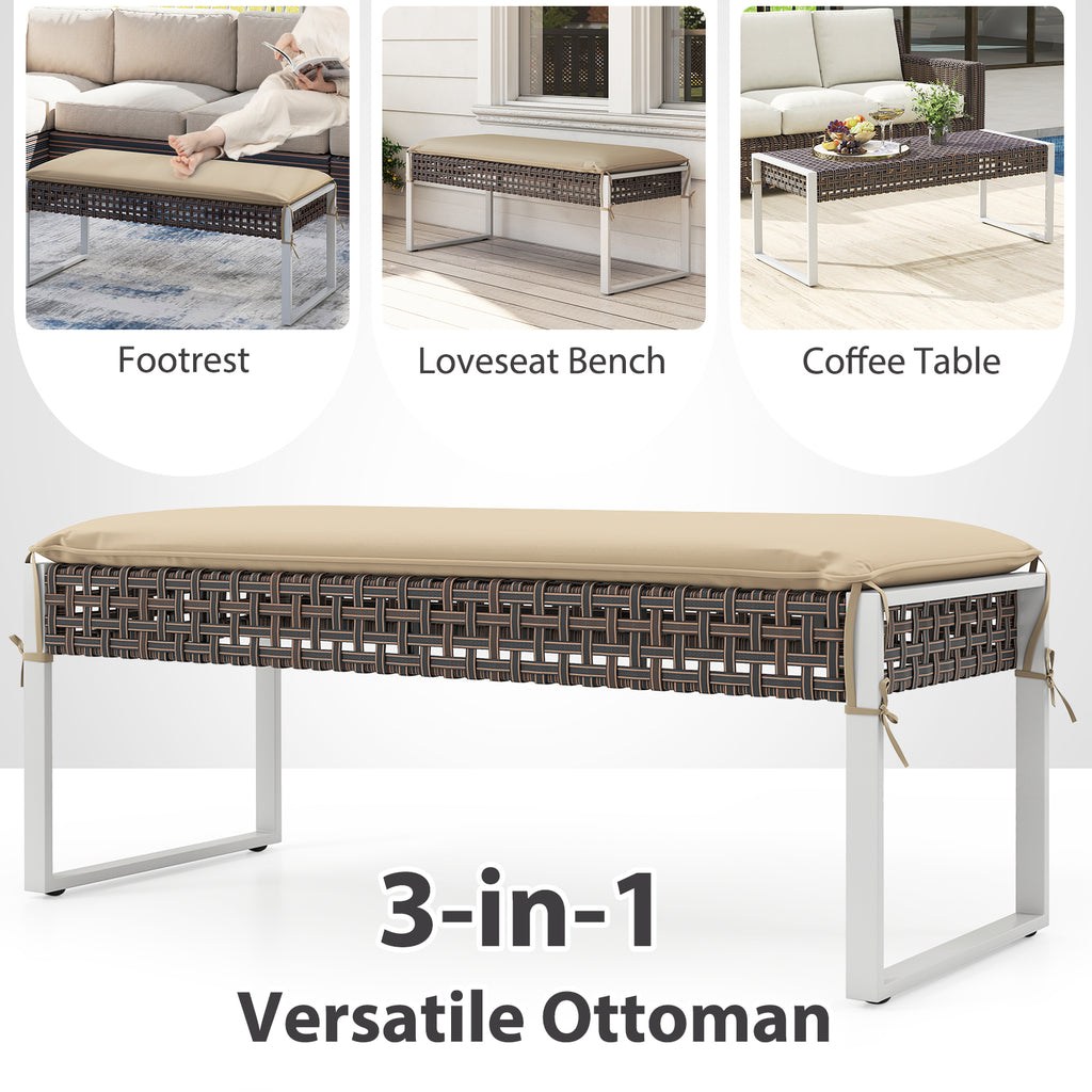 43 Inch Patio Rectangle Ottoman with Metal Legs and Seat Cushion-Beige