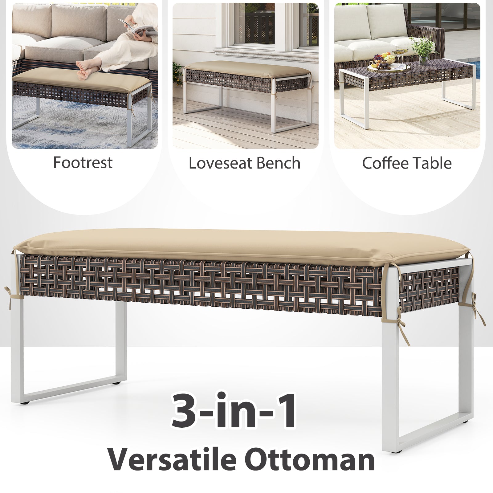 43 Inch Patio Rectangle Ottoman with Metal Legs and Seat Cushion-Beige