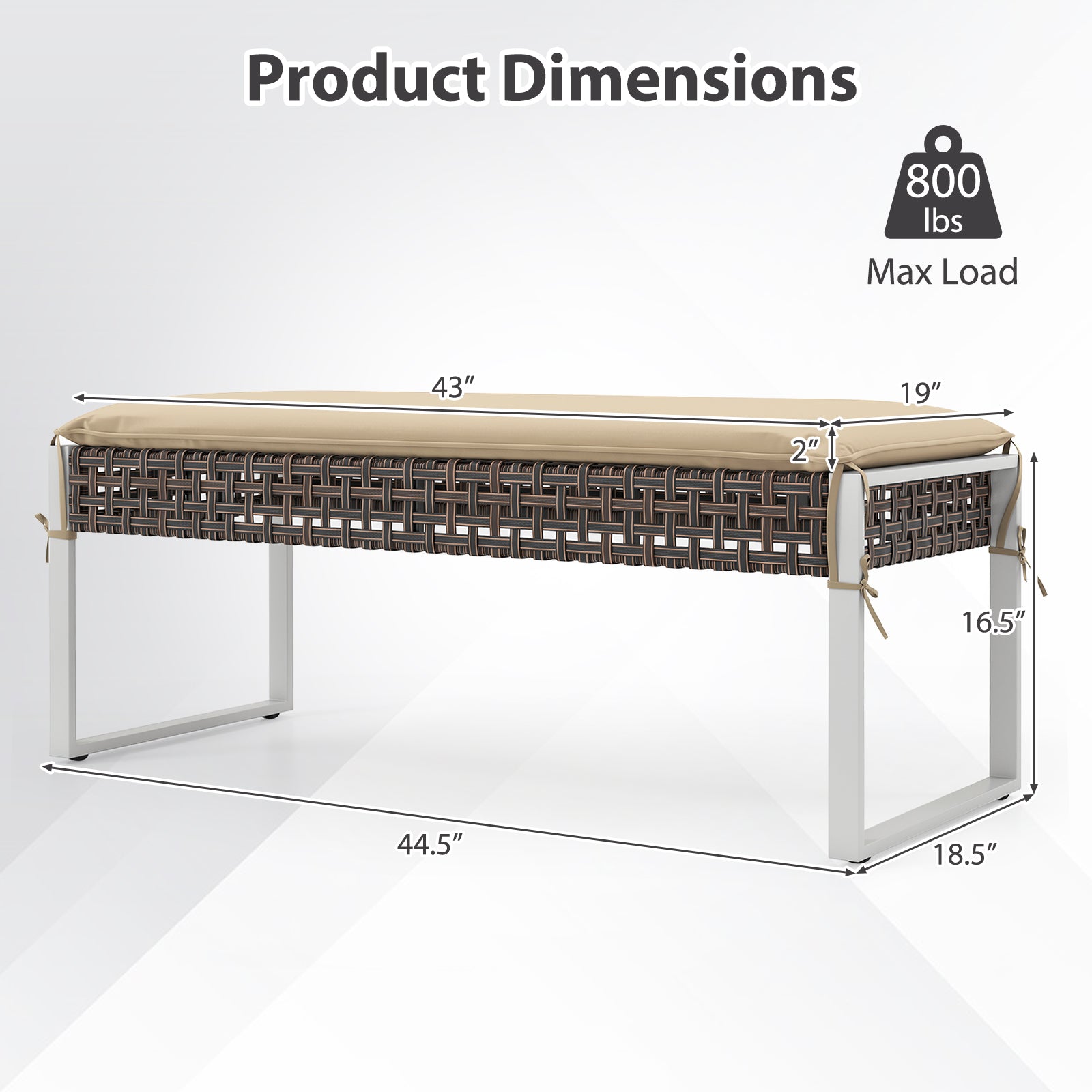 43 Inch Patio Rectangle Ottoman with Metal Legs and Seat Cushion-Beige