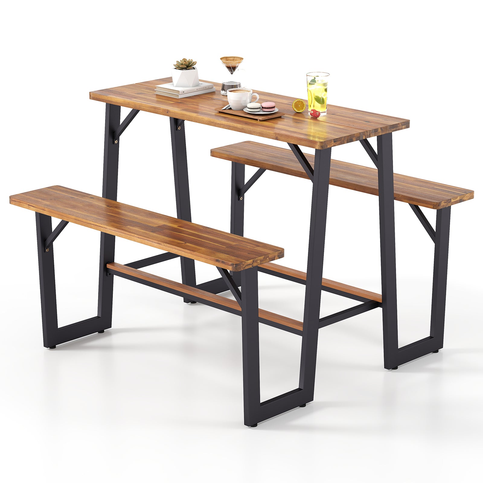Patio Picnic Table Bench Set with Acacia Wood Tabletop and Benchtop