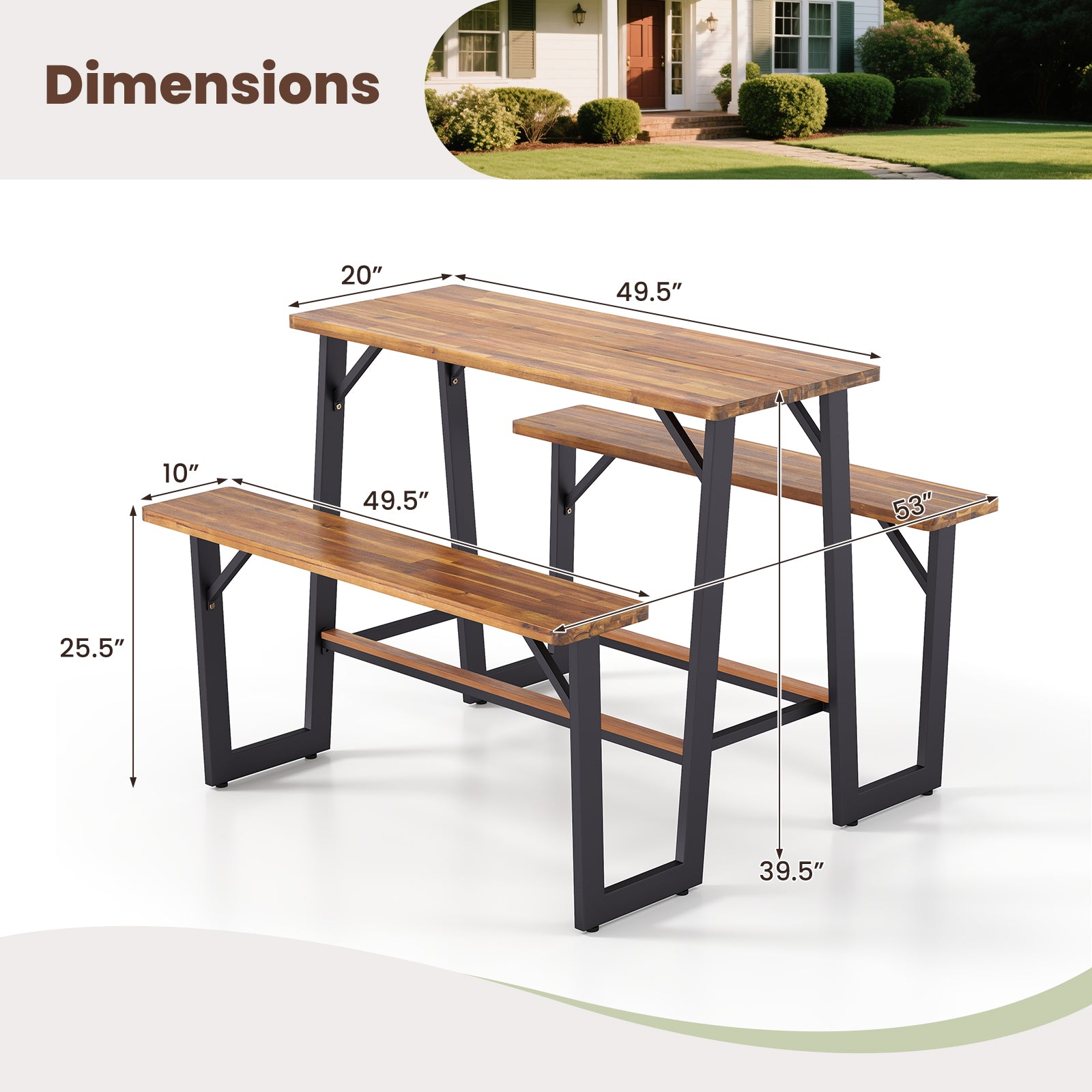 Patio Picnic Table Bench Set with Acacia Wood Tabletop and Benchtop
