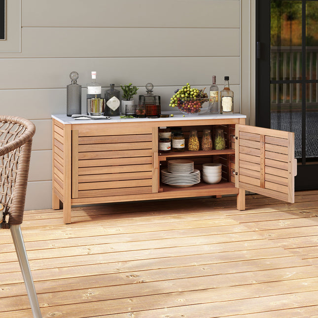 Patio Storage Cabinet 2-Door Acacia Wood Storage Container with Faux Marble Top