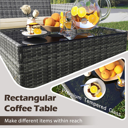 4 Pieces Patio Rattan Conversation Set with Tempered Glass Coffee Table-Beige