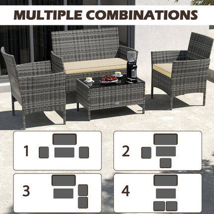 4 Pieces Patio Rattan Conversation Set with Tempered Glass Coffee Table-Beige