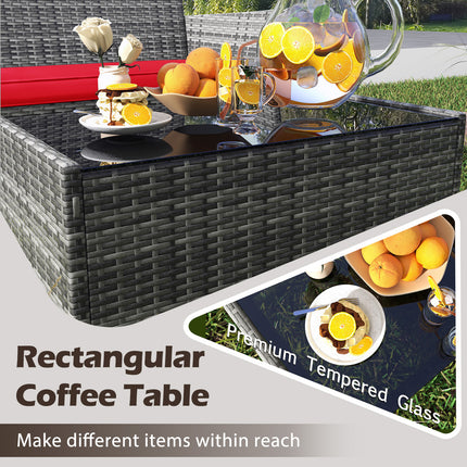 4 Pieces Patio Rattan Conversation Set with Tempered Glass Coffee Table-Red