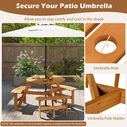 6-Person Round Picnic Table Set with 3 Built-in Benches and Umbrella Hole-Yellow