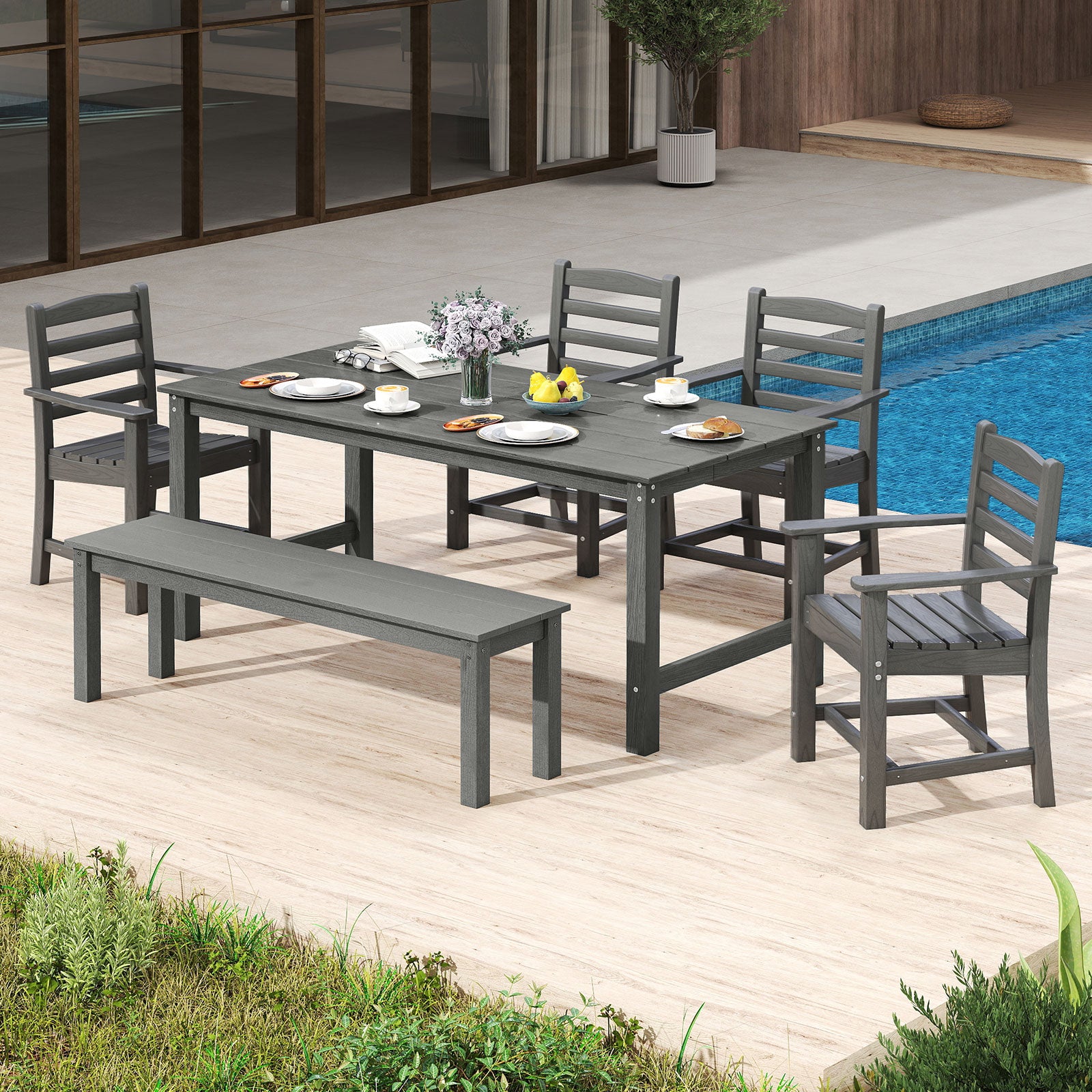 HDPE All Weather Patio Dining Chairs Set of 2 with Wide Armrests-Gray