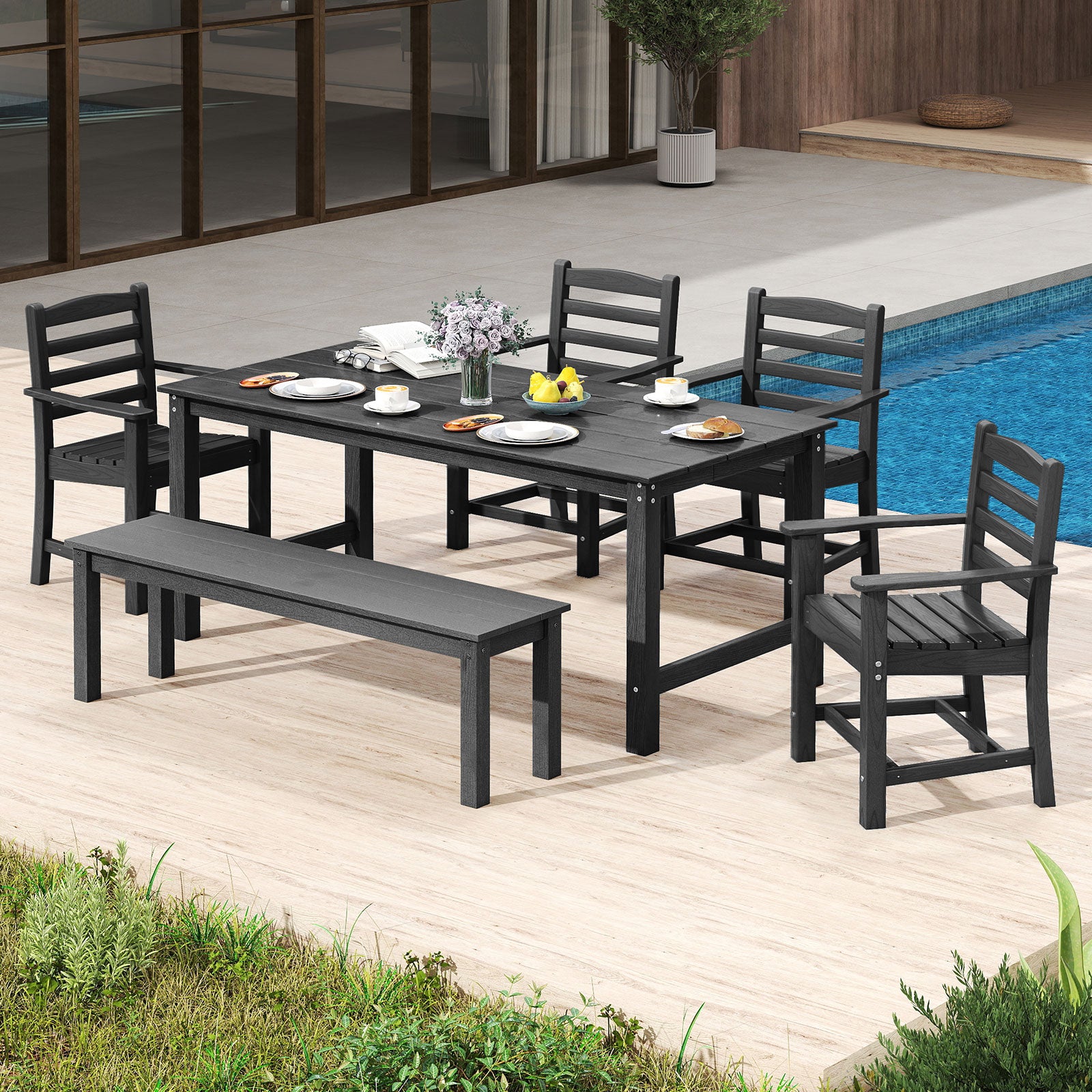 HDPE All Weather Patio Dining Chairs Set of 2 with Wide Armrests-Black