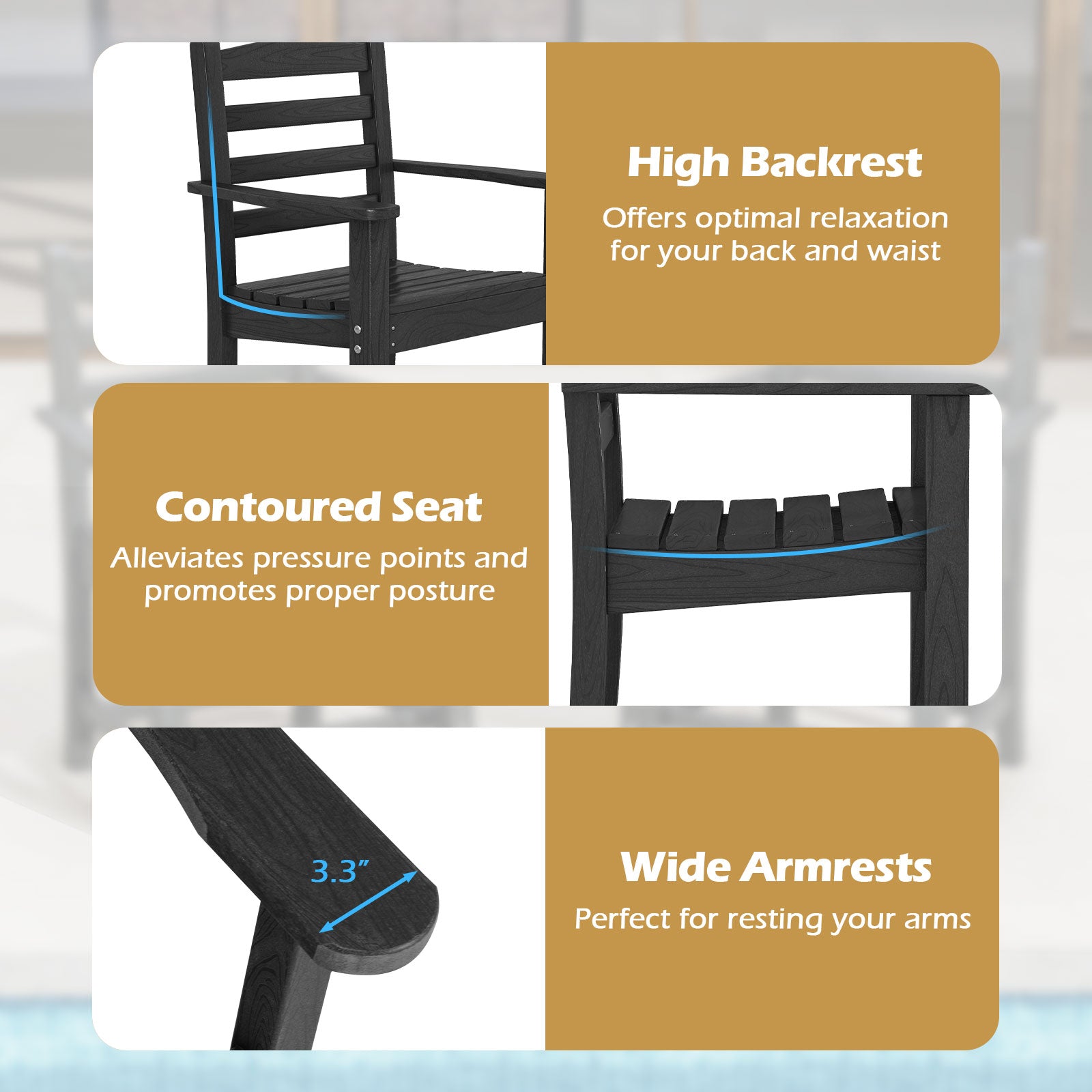 HDPE All Weather Patio Dining Chairs Set of 2 with Wide Armrests-Black
