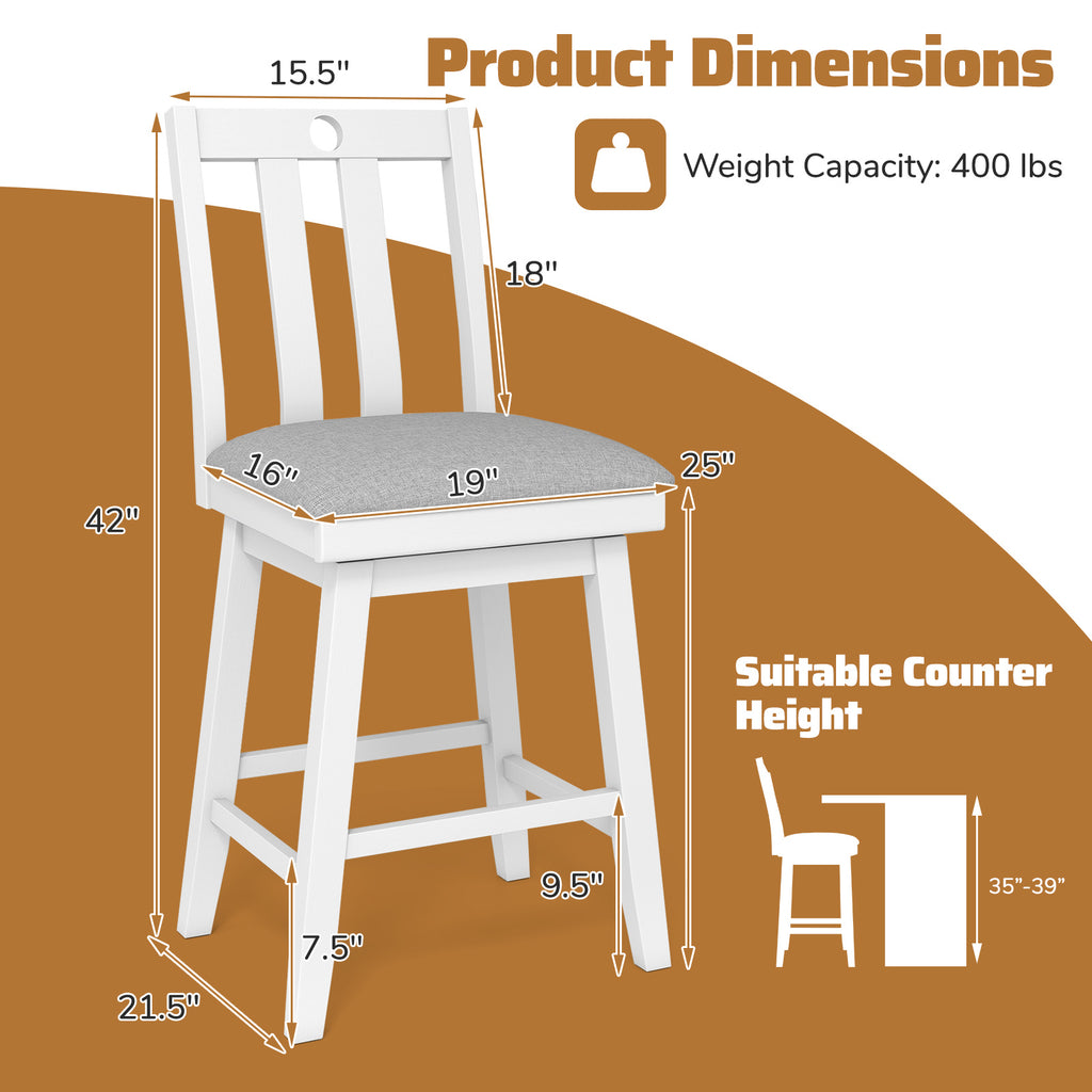 25 Inch Modern Bar Stools Set of 2 with Upholstered and 360° Rotation Seat-White