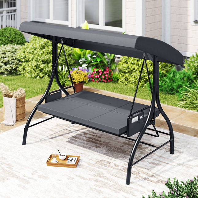 3-Piece Patio Swing with Canopy Removable Cushions and Side Pockets-Gray