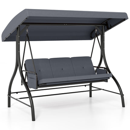 3-Piece Patio Swing with Canopy Removable Cushions and Side Pockets-Gray