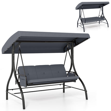 3-Piece Patio Swing with Canopy Removable Cushions and Side Pockets-Gray